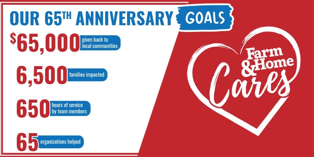 Farm and Home Cares Logo with Goals for 65th Anniversary